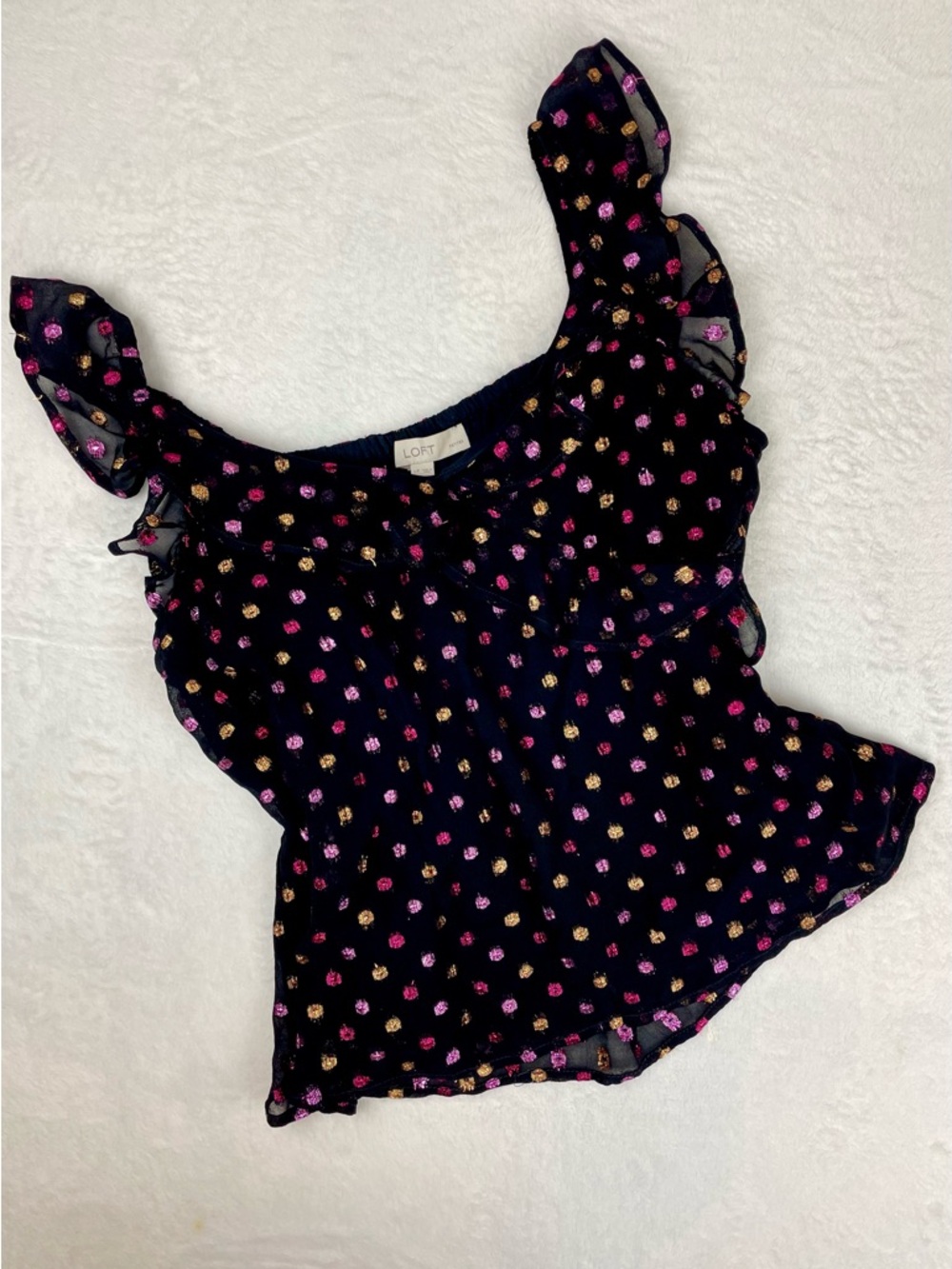 LOFT Black Blouse with Pink and Gold Dot Print